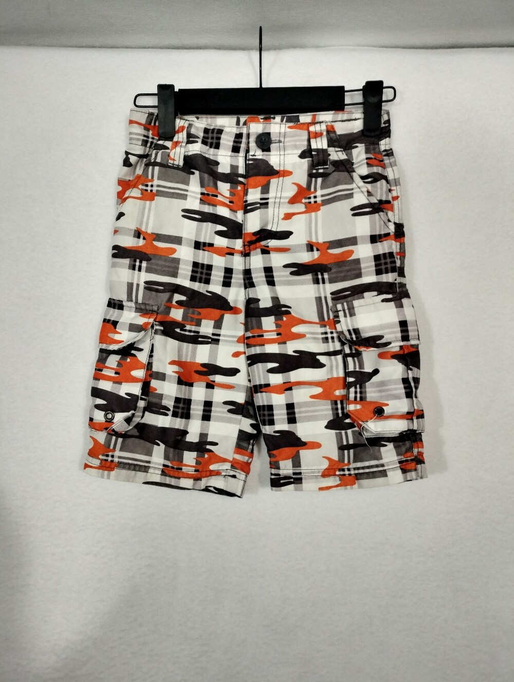 OP Orange, Black & White Plaid Camo Cargo Shorts